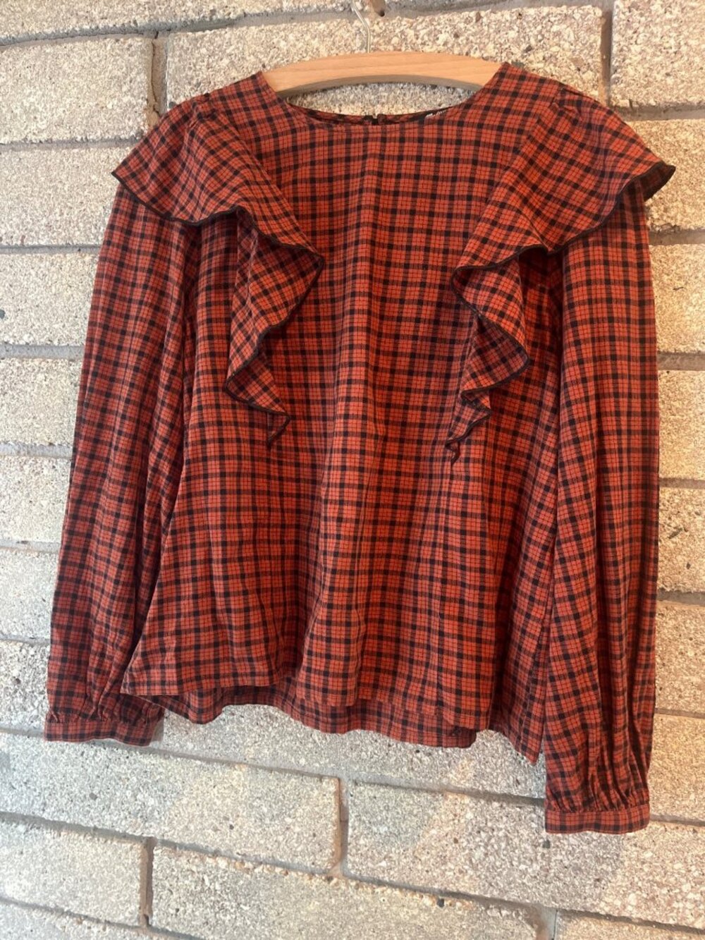 Madewell Womens Red & Black Plaid Ruffle Blouse Long Sleeve Buttoned Cuffs Light